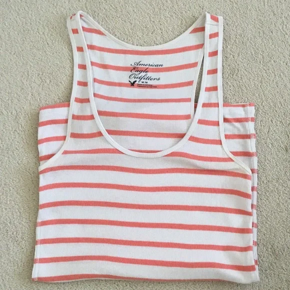 AMERICAN EAGLE OUTFITTERS White and Coral Striped Ribbed Tank - size M - Picture 1 of 1